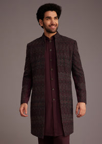 Maroon Embroidered Sherwani With Mandarin Collar