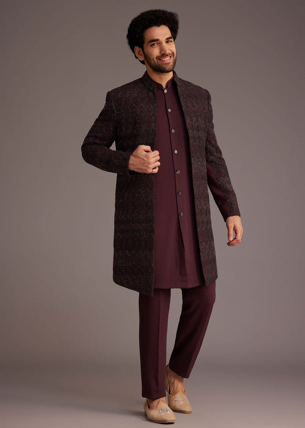 Maroon Embroidered Sherwani With Mandarin Collar