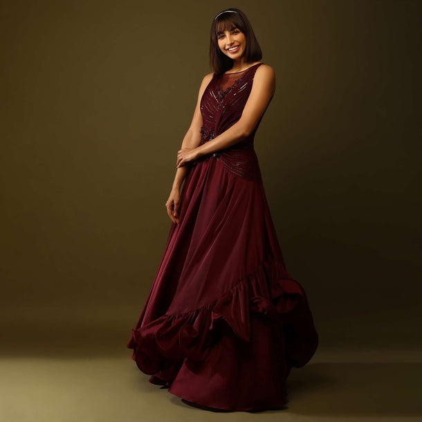 Maroon Gown With Ruched Bodice And Fancy Ruffled Hem