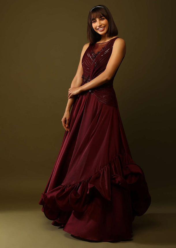 Maroon Gown With Ruched Bodice And Fancy Ruffled Hem