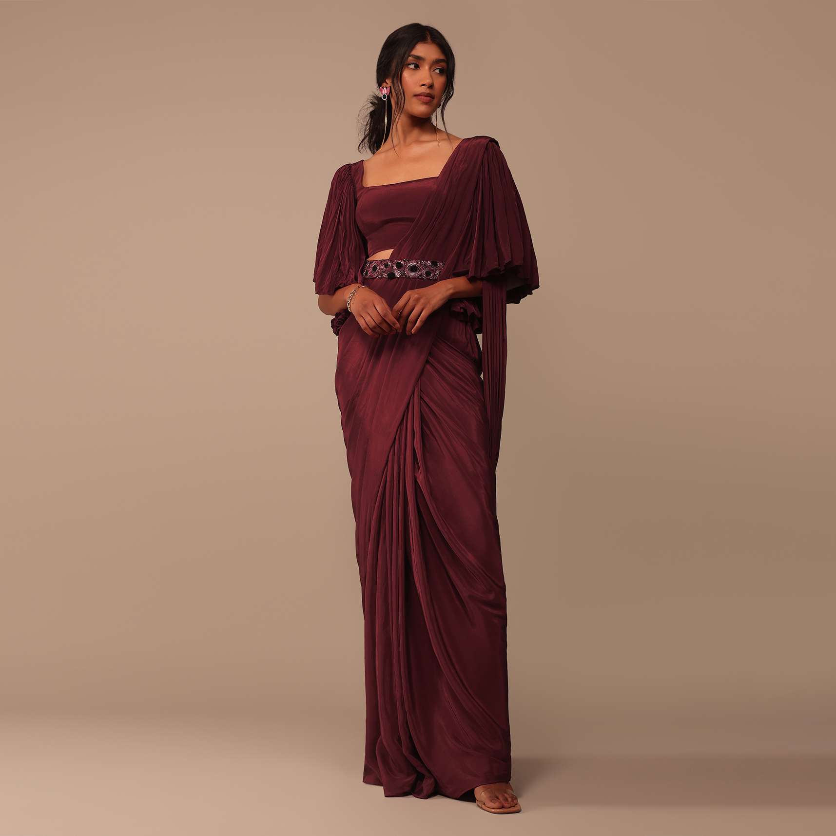 Maroon Indo-western Creep Saree Set With Embroidered Belt