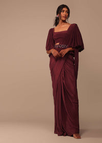 Maroon Indo-western Creep Saree Set With Embroidered Belt