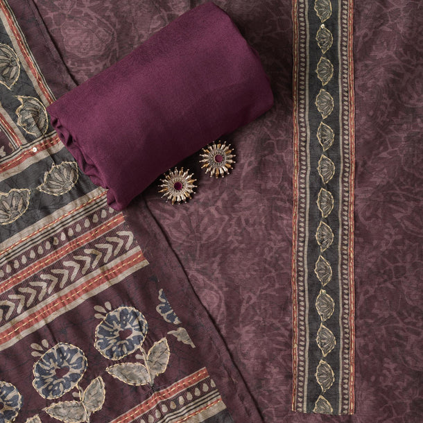 Maroon Wine Kalamkari Print With Katha Embroidery Silk Unstitched Dress Material