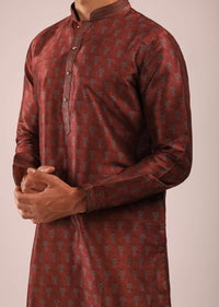 Maroon Kurta Set In Silk With Block Printed Buttis