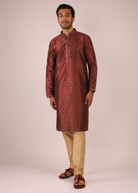 Maroon Kurta Set In Silk With Block Printed Buttis