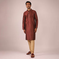 Maroon Kurta Set In Silk With Block Printed Buttis