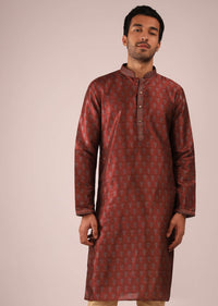 Maroon Kurta Set In Silk With Block Printed Buttis