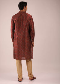 Maroon Kurta Set In Silk With Block Printed Buttis