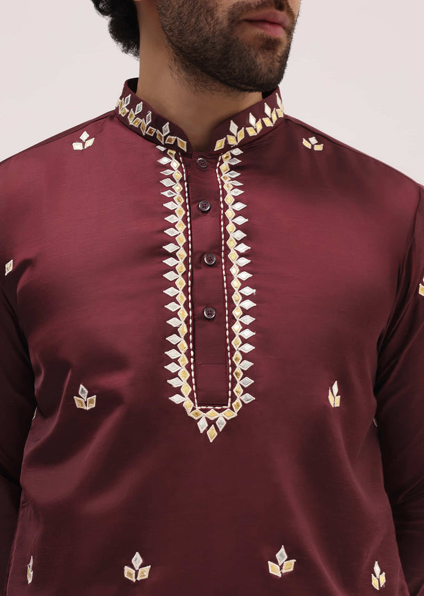 Maroon Kurta Set With Abla Work For Men