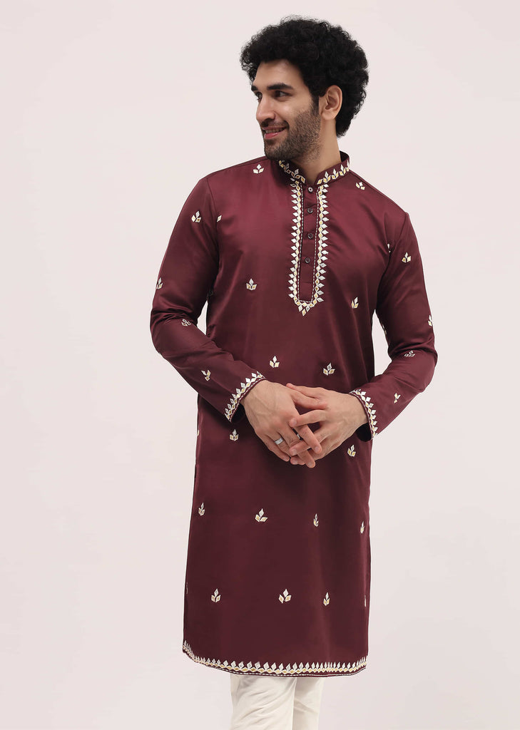 Maroon Kurta Set With Abla Work For Men