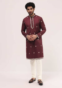 Maroon Kurta Set With Abla Work For Men