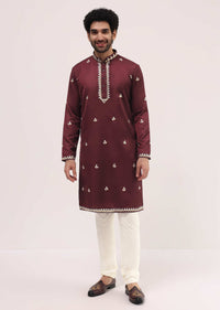 Maroon Kurta Set With Abla Work For Men