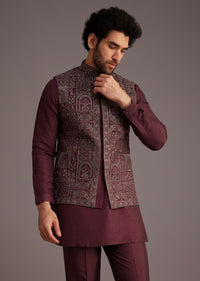 Maroon Kurta Set With Embroidered Jacket