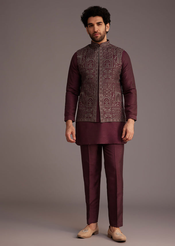 Maroon Kurta Set With Embroidered Jacket