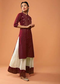 Maroon Kurti Set With Bandhani Foil Printed Chevron Design And Off White Skirt