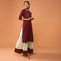 Maroon Kurti Set With Bandhani Foil Printed Chevron Design And Off White Skirt