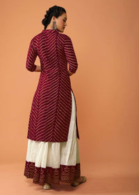 Maroon Kurti Set With Bandhani Foil Printed Chevron Design And Off White Skirt