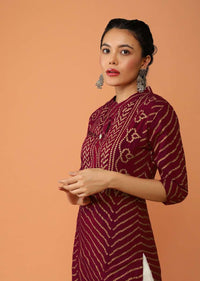 Maroon Kurti Set With Bandhani Foil Printed Chevron Design And Off White Skirt
