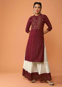 Maroon Kurti Set With Bandhani Foil Printed Chevron Design And Off White Skirt