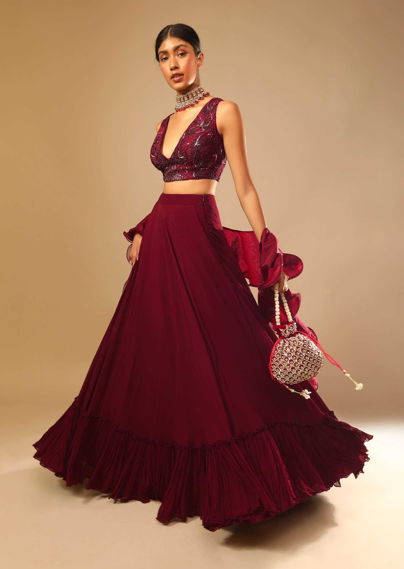 Maroon Lehenga And Crop Top With Hand Embroidered Leaf Motifs And A Ruffle Dupatta