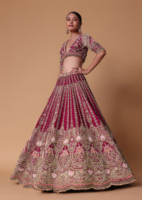 Maroon Raw Silk 16 Kali Zardozi Lehenga Set With Two Dupattas