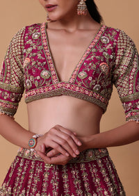 Maroon Raw Silk 16 Kali Zardozi Lehenga Set With Two Dupattas