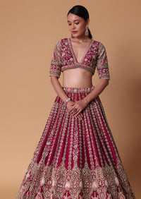 Maroon Raw Silk 16 Kali Zardozi Lehenga Set With Two Dupattas