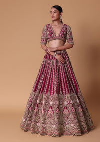 Maroon Raw Silk 16 Kali Zardozi Lehenga Set With Two Dupattas