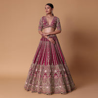 Maroon Raw Silk 16 Kali Zardozi Lehenga Set With Two Dupattas