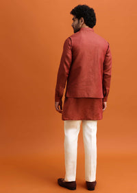 Maroon Linen Kurta Jacket Set With Zari Work For Men