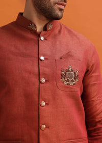 Maroon Linen Kurta Jacket Set With Zari Work For Men