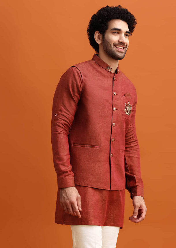 Maroon Linen Kurta Jacket Set With Zari Work For Men