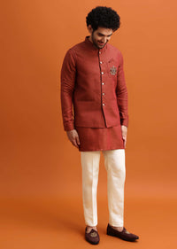 Maroon Linen Kurta Jacket Set With Zari Work For Men