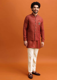 Maroon Linen Kurta Jacket Set With Zari Work For Men