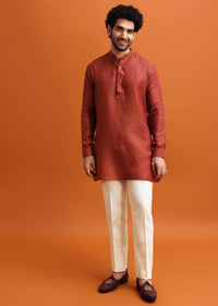 Maroon Linen Kurta Jacket Set With Zari Work For Men