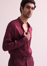 Maroon Linen Satin Hand Embellished Jodhpuri With Shirt And Pant