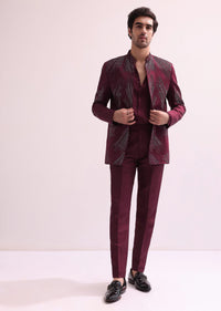 Maroon Linen Satin Hand Embellished Jodhpuri With Shirt And Pant