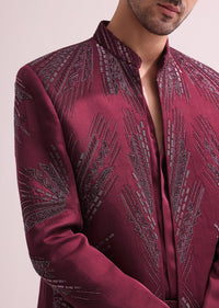 Maroon Linen Satin Hand Embellished Jodhpuri With Shirt And Pant