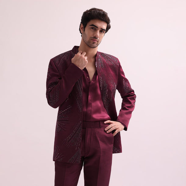 Maroon Linen Satin Hand Embellished Jodhpuri With Shirt And Pant