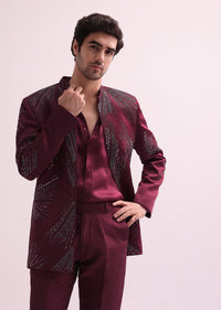 Maroon Linen Satin Hand Embellished Jodhpuri With Shirt And Pant