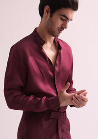Maroon Linen Satin Hand Embroidered Open Bandhgala With Shirt And Pant