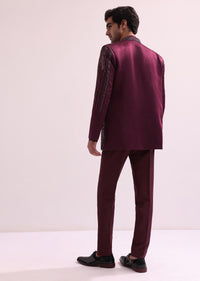 Maroon Linen Satin Hand Embroidered Open Bandhgala With Shirt And Pant