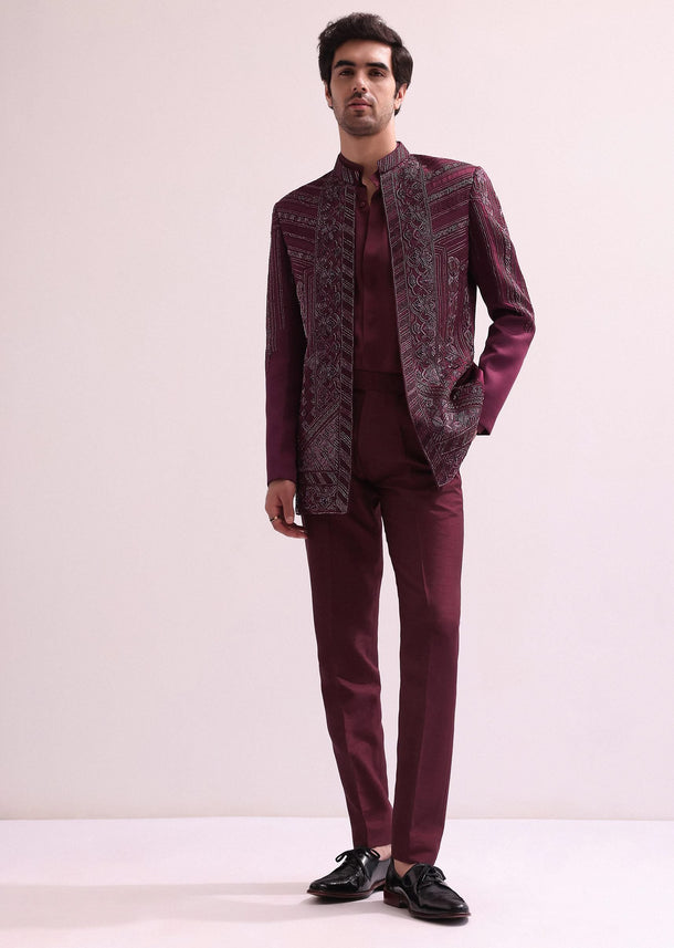 Maroon Linen Satin Hand Embroidered Open Bandhgala With Shirt And Pant