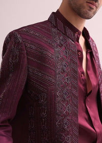 Maroon Linen Satin Hand Embroidered Open Bandhgala With Shirt And Pant