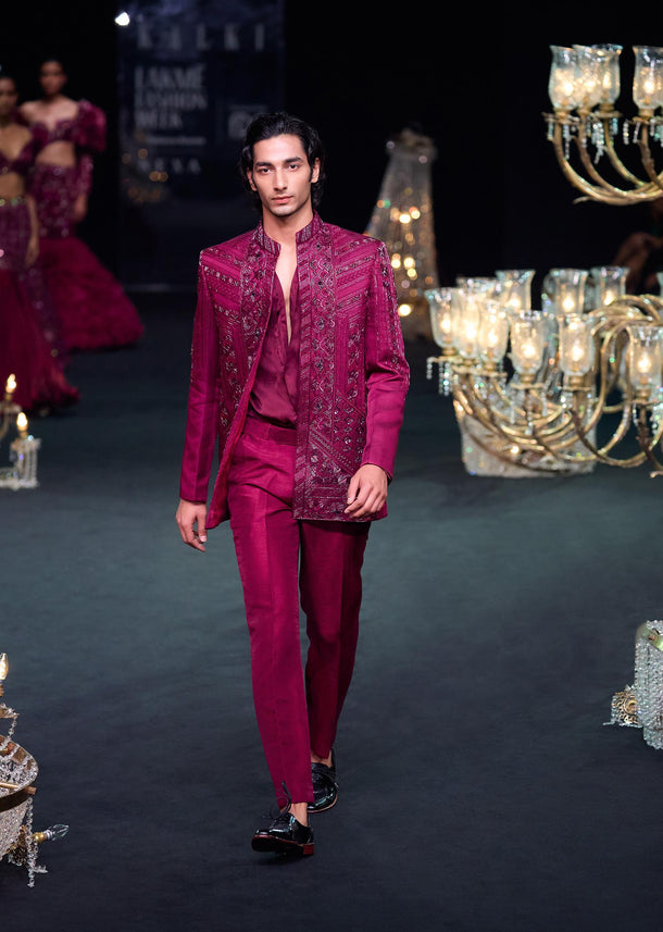 Maroon Linen Satin Hand Embroidered Open Bandhgala With Shirt And Pant