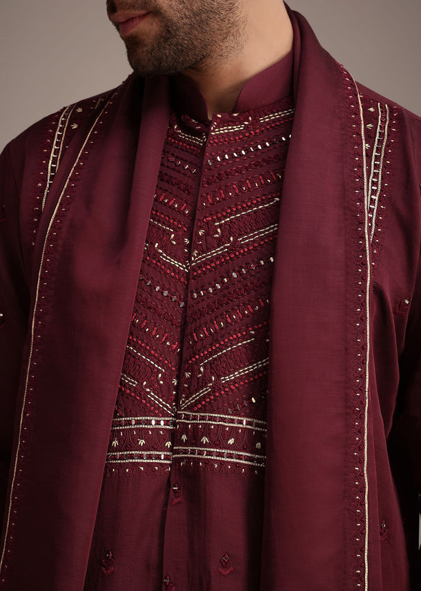 Maroon Mirror Embroidered Kurta Set With Dupatta