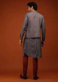 Maroon Nehru Jacket And Kurta Set In Ajrak And Chevron Print, Matching Print Kurta In Full Sleeves