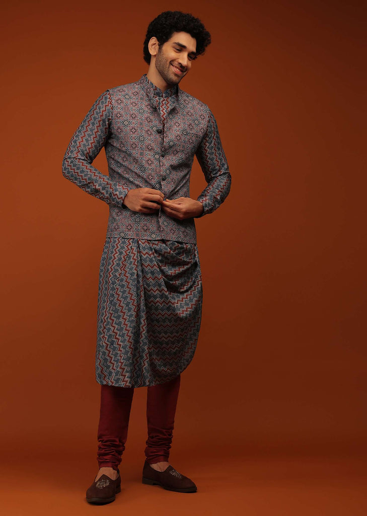 Maroon Nehru Jacket And Kurta Set In Ajrak And Chevron Print, Matching Print Kurta In Full Sleeves