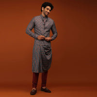 Maroon Nehru Jacket And Kurta Set In Ajrak And Chevron Print, Matching Print Kurta In Full Sleeves