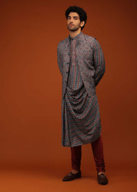 Maroon Nehru Jacket And Kurta Set In Ajrak And Chevron Print, Matching Print Kurta In Full Sleeves